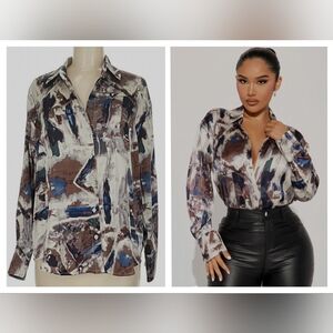 Fashion Nova Blue and Brown Abstract Blouse